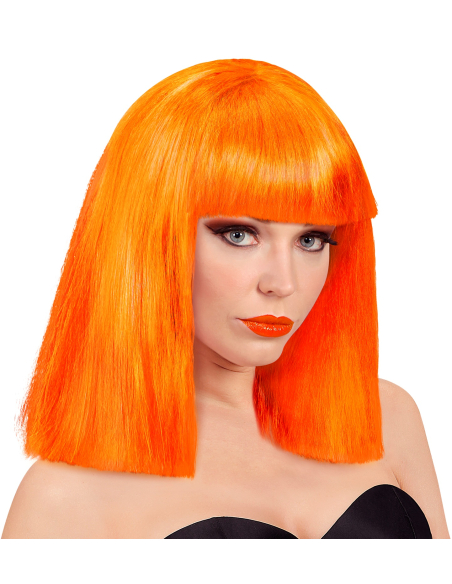Perruque Orange fluo avec frange et carré lisse