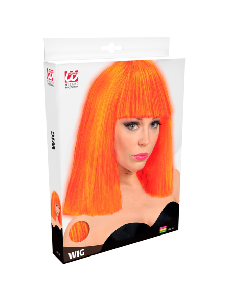 Perruque Orange fluo avec frange et carré lisse