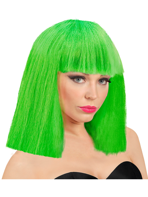 Perruque vert fluo néon carré lisse avec une frange