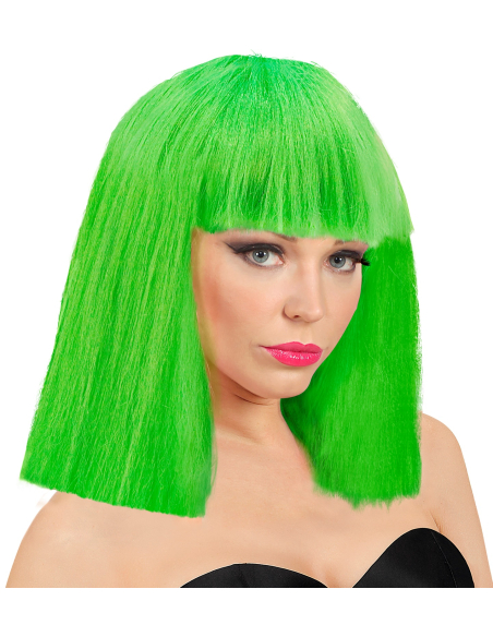 Perruque vert fluo néon carré lisse avec une frange