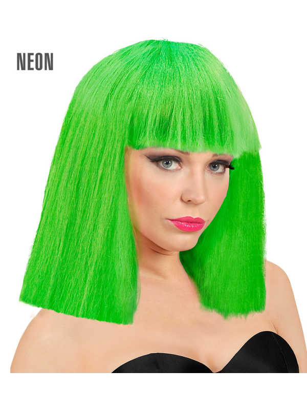 Perruque vert fluo néon carré lisse avec une frange