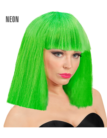 Perruque vert fluo néon carré lisse avec une frange