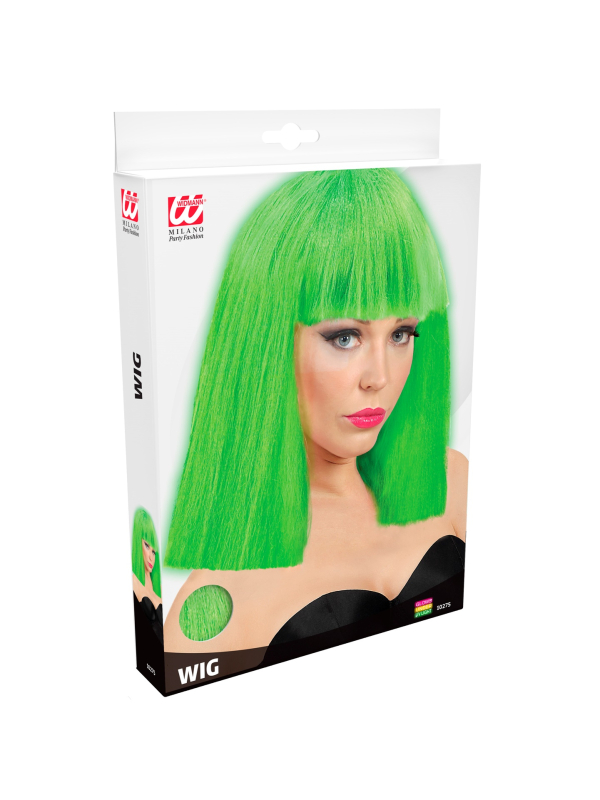 Perruque vert fluo néon carré lisse avec une frange