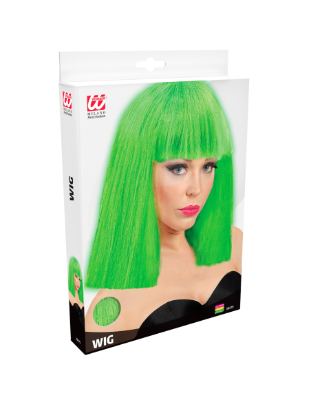 Perruque vert fluo néon carré lisse avec une frange