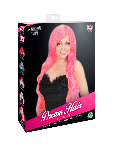Perruque rose femme cheveux longs ondulés, ajustable et lavable