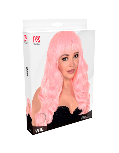 Perruque femme rose cheveux longs ondulés et frange