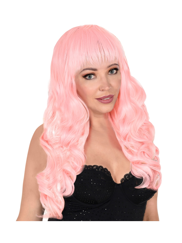 Perruque femme rose cheveux longs ondulés et frange