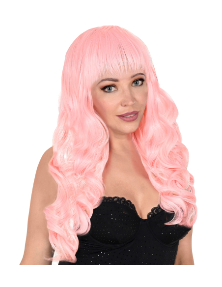 Perruque femme rose cheveux longs ondulés et frange