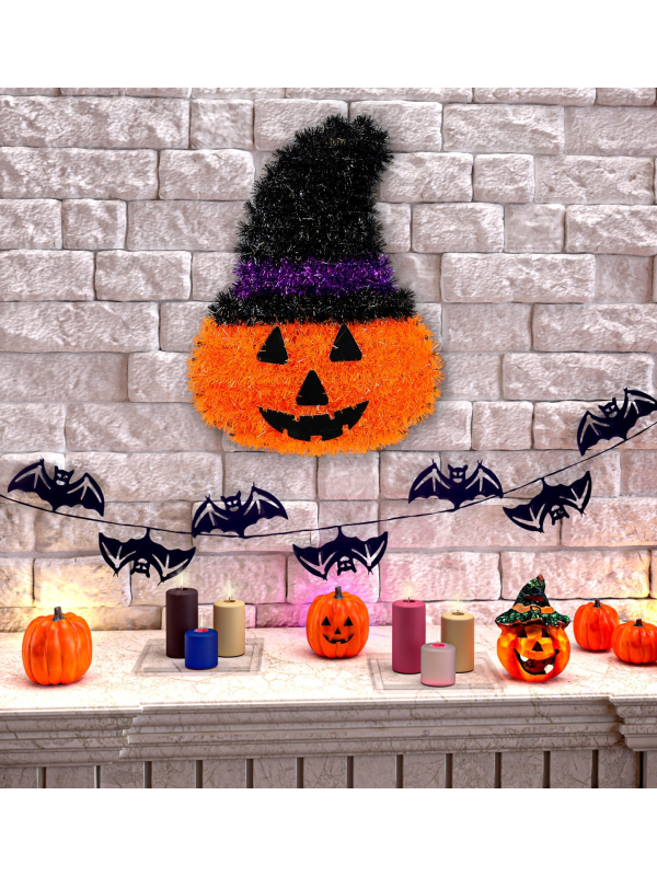 Décoration murale halloween de citrouille avec chapeau - 39 x 29 cm
