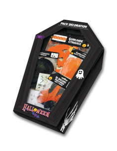 Pack déco Halloween complet (2 toiles-3 guirlandes-3 suspensions-10 ballons)