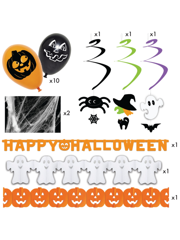 Pack déco Halloween complet (2 toiles-3 guirlandes-3 suspensions-10 ballons)