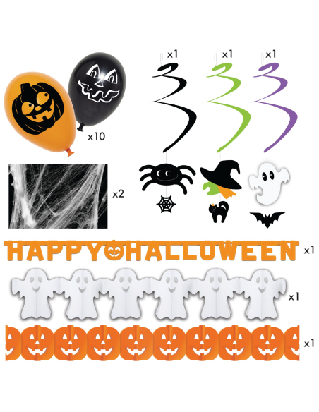 Pack déco Halloween complet (2 toiles-3 guirlandes-3 suspensions-10 ballons)