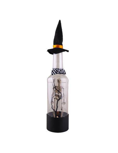 Déco maison halloween : squelette dans une bouteille lumineuse