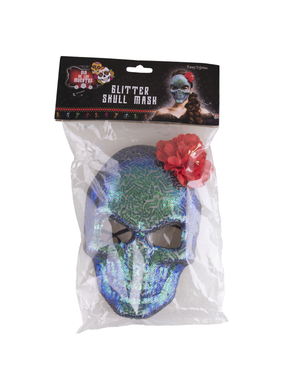 Masque jour des morts à paillettes avec rose rouge