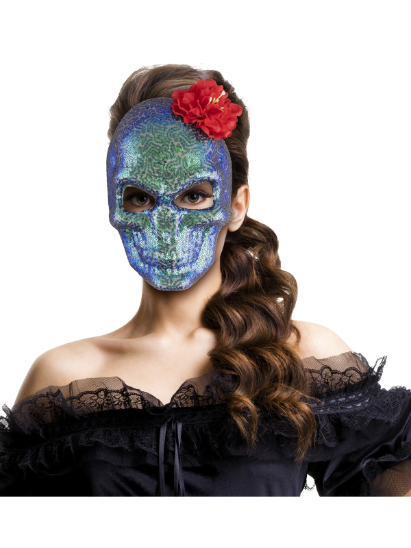 Masque jour des morts à paillettes avec rose rouge