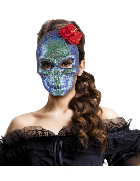 Masque jour des morts à paillettes avec rose rouge