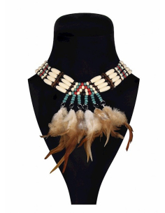 Collier amérindien plumes et perles en bois