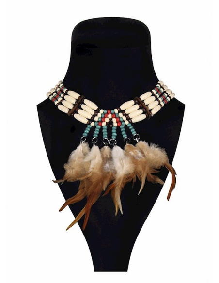 Collier amérindien plumes et perles en bois