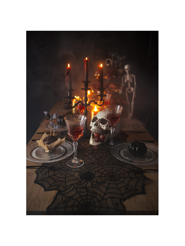 Chemin de table Halloween de toile d'araignée, noir, 185x45cm