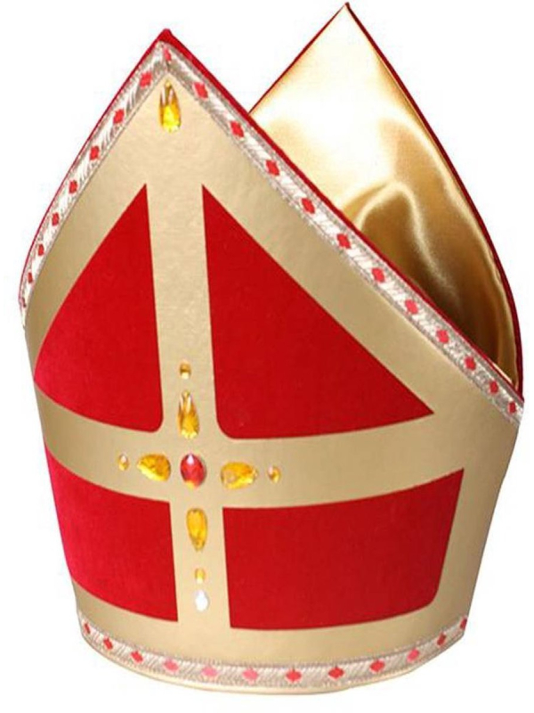 Mitre Saint-Nicolas Luxe en Velours Rouge et Satin Doré – Accessoire Incrusté de Pierres, Réutilisable