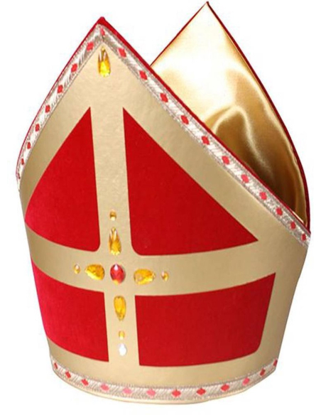 Mitre Saint-Nicolas Luxe en Velours Rouge et Satin Doré – Accessoire Incrusté de Pierres, Réutilisable