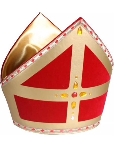 Mitre Saint-Nicolas Luxe en Velours Rouge et Satin Doré – Accessoire Incrusté de Pierres, Réutilisable