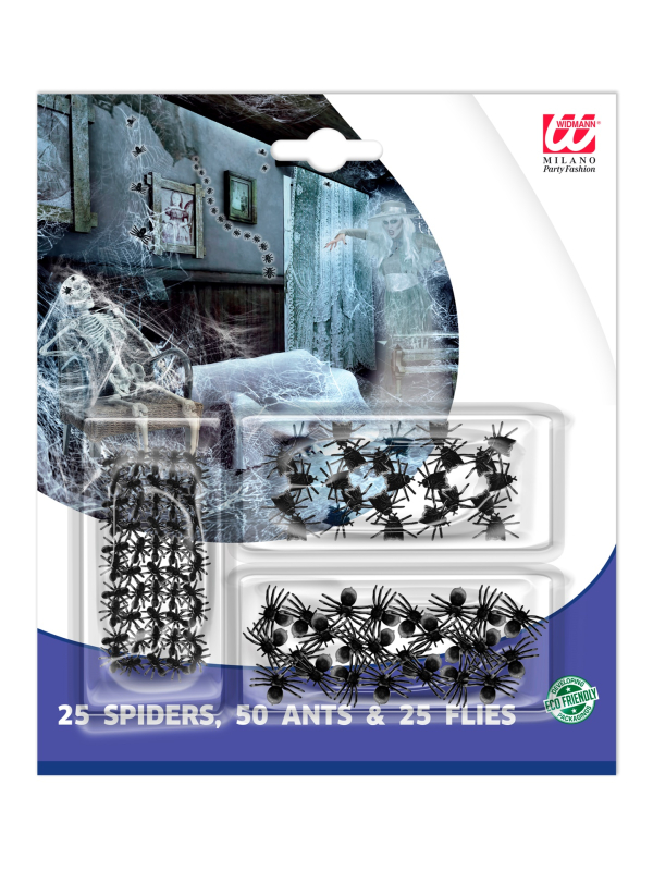 Set de 50 Fourmis, 25 Araignées et 25 Mouches en PVC Noir – Décoration Halloween