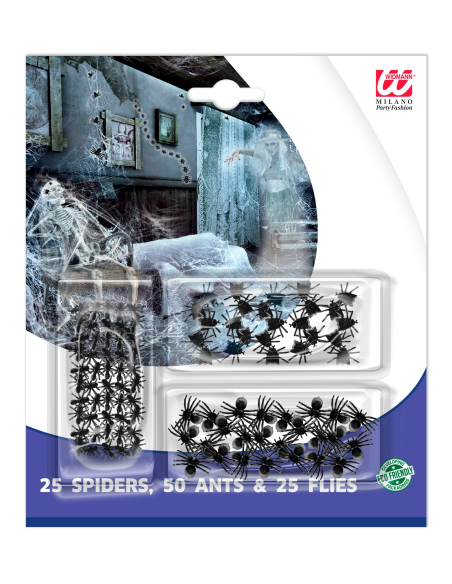 Set de 50 Fourmis, 25 Araignées et 25 Mouches en PVC Noir – Décoration Halloween