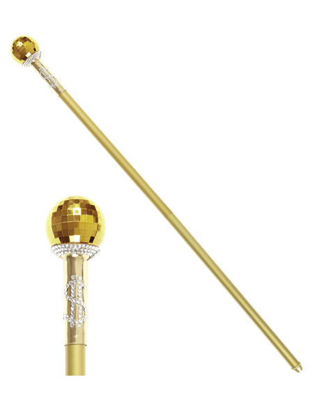 Canne dorée rétractable 87 cm avec embout boule à facettes