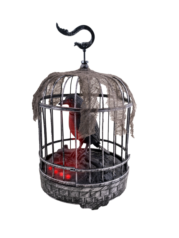 Décoration Halloween Corbeau animé 32 cm dans une cage