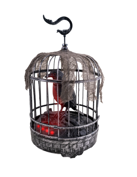 Décoration Halloween Corbeau animé 32 cm dans une cage