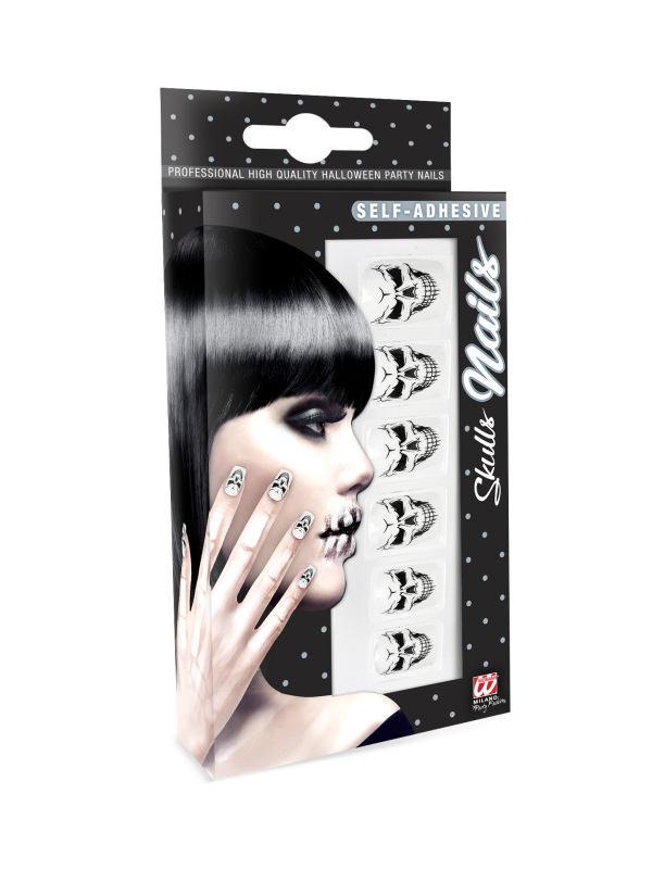 Set de 12 Ongles Crânes Halloween Auto-Adhésifs - Noir et Blanc
