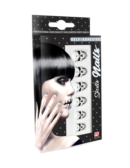 Set de 12 Ongles Crânes Halloween Auto-Adhésifs - Noir et Blanc
