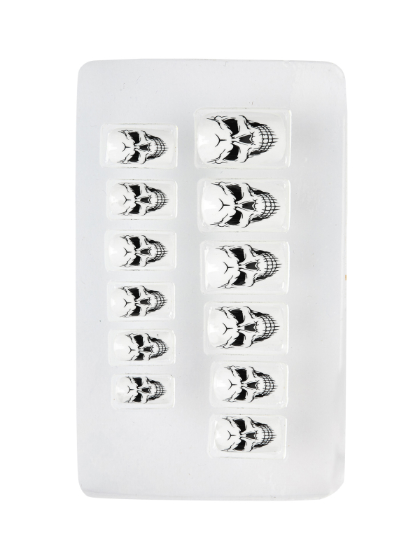 Set de 12 Ongles Crânes Halloween Auto-Adhésifs - Noir et Blanc