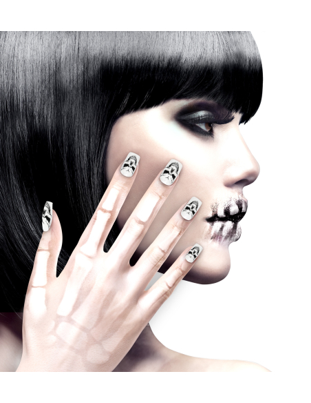 Set de 12 Ongles Crânes Halloween Auto-Adhésifs - Noir et Blanc