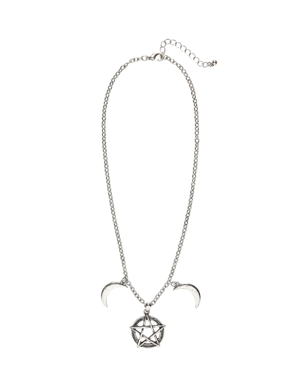 Collier Ésotérique Argent avec Pentagramme et Croissants de Lune – Bijou Halloween