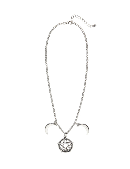 Collier Ésotérique Argent avec Pentagramme et Croissants de Lune – Bijou Halloween