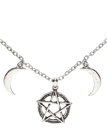 Collier Ésotérique Argent avec Pentagramme et Croissants de Lune – Bijou Halloween