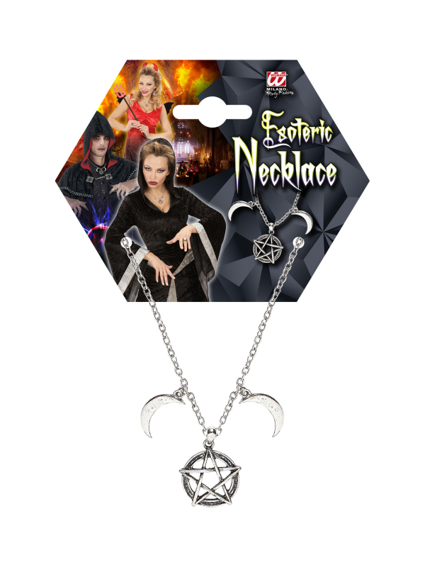Collier Ésotérique Argent avec Pentagramme et Croissants de Lune – Bijou Halloween