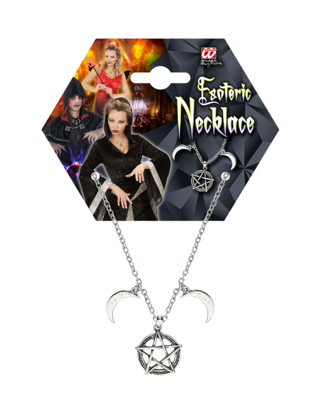 Collier Ésotérique Argent avec Pentagramme et Croissants de Lune – Bijou Halloween