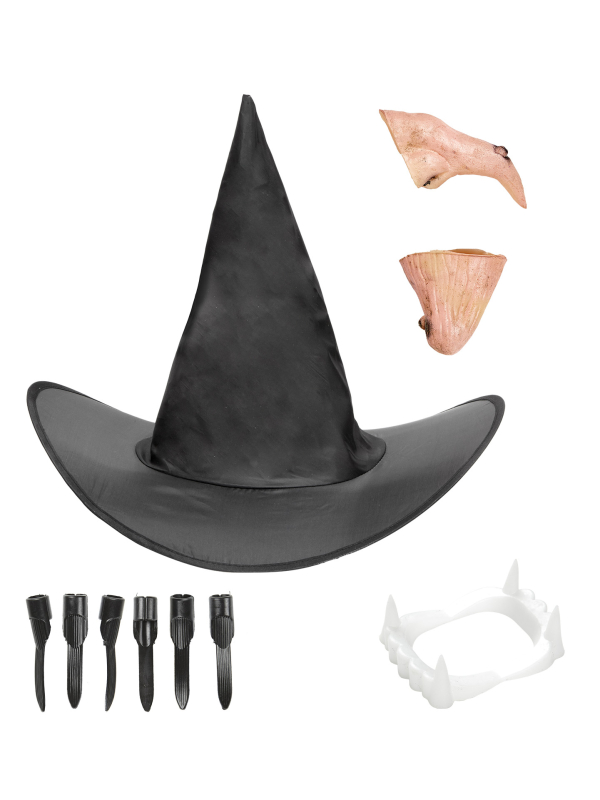 Set de Sorcière Complet – Chapeau Pointu, Nez Crochu, Dentier et Ongles Noirs