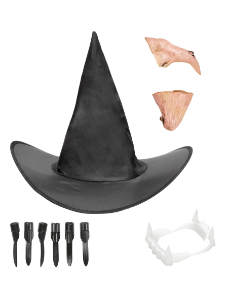 Set de Sorcière Complet – Chapeau Pointu, Nez Crochu, Dentier et Ongles Noirs