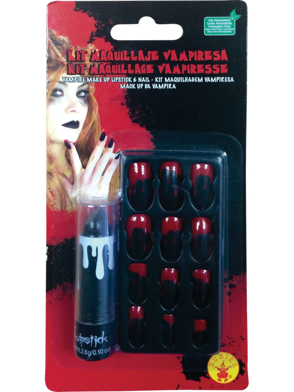 Kit rouge à lèvre noir et Faux ongles Sang : Maquillage Halloween