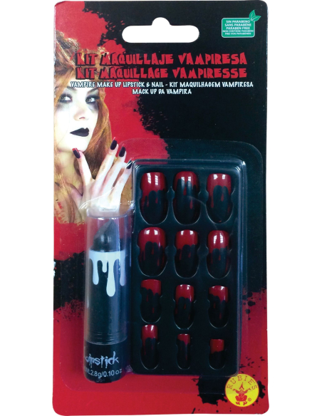 Kit rouge à lèvre noir et Faux ongles Sang : Maquillage Halloween