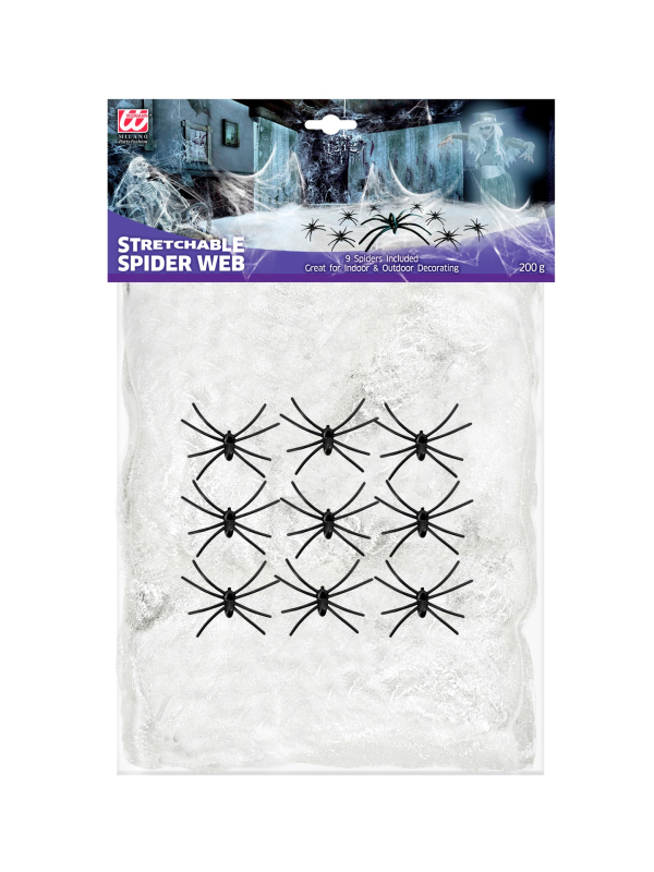Toile d'Araignée Blanche de 200 g avec 9 Araignées - 10 à 15 m² environ