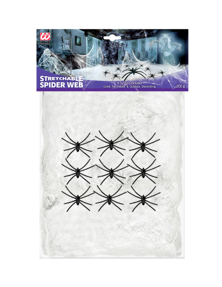 Toile d'Araignée Blanche de 200 g avec 9 Araignées - 10 à 15 m² environ