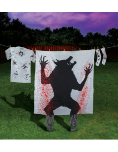 Décoration Halloween Extérieure : Loup-Garou Terrifiant avec Drap Taché de Sang et Pieds en Peluche