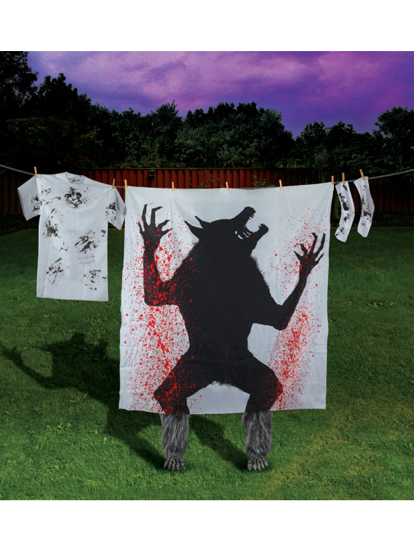 Décoration Halloween Extérieure : Loup-Garou Terrifiant avec Drap Taché de Sang et Pieds en Peluche
