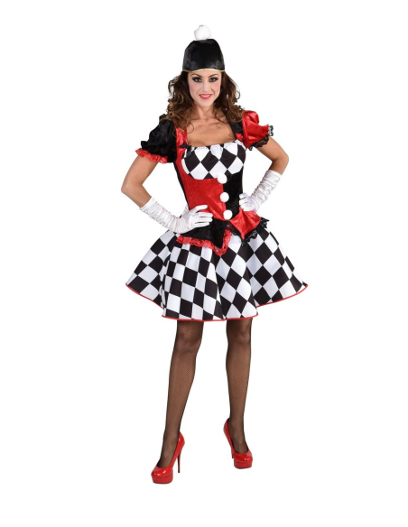 Déguisement Arlequin Sexy Femme Grande Taille – Haute Qualité – Rouge et Noir avec Motifs Losanges
