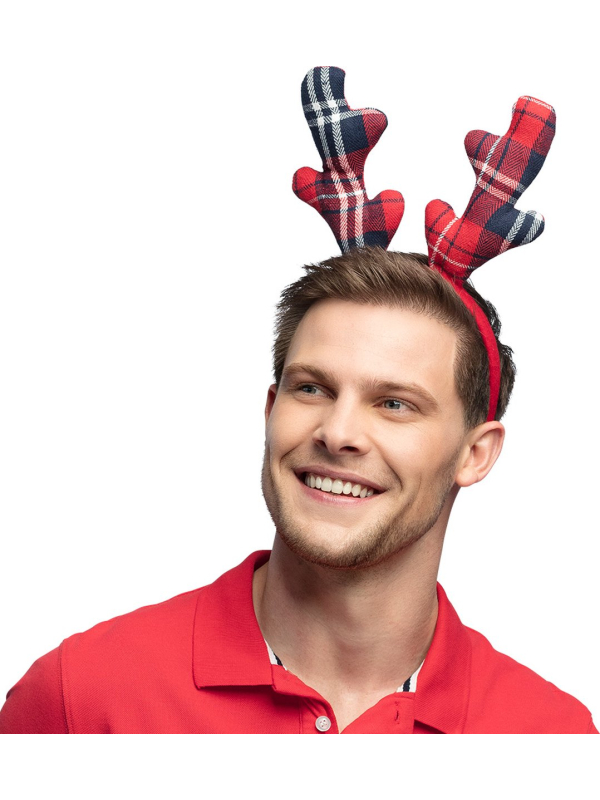 Serre-Tête Renne de Noel pour adulte tartan rouge